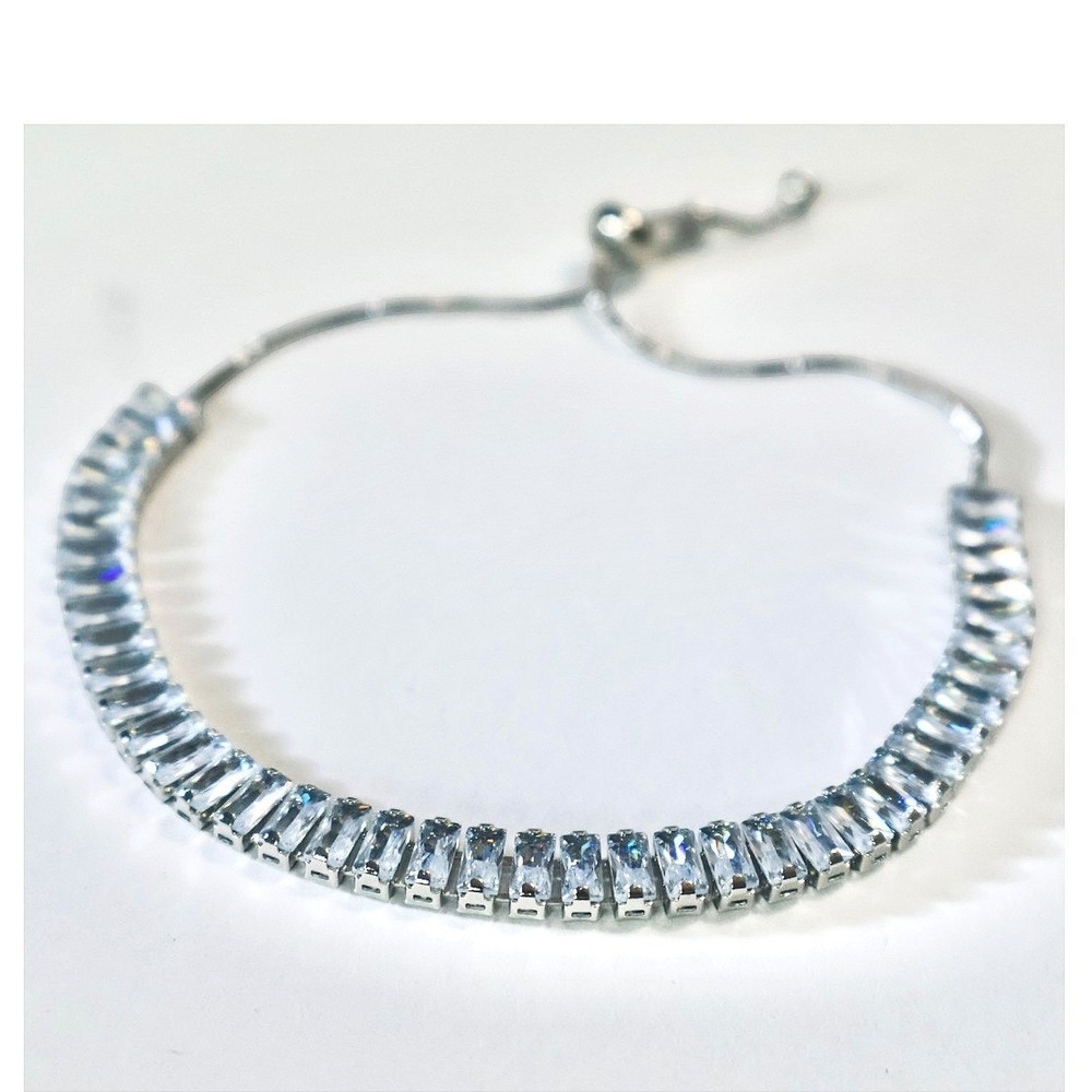 Swarovski Crystal Baguette Tennis Bracelet Silver Plated Adjustable Bolo NEW